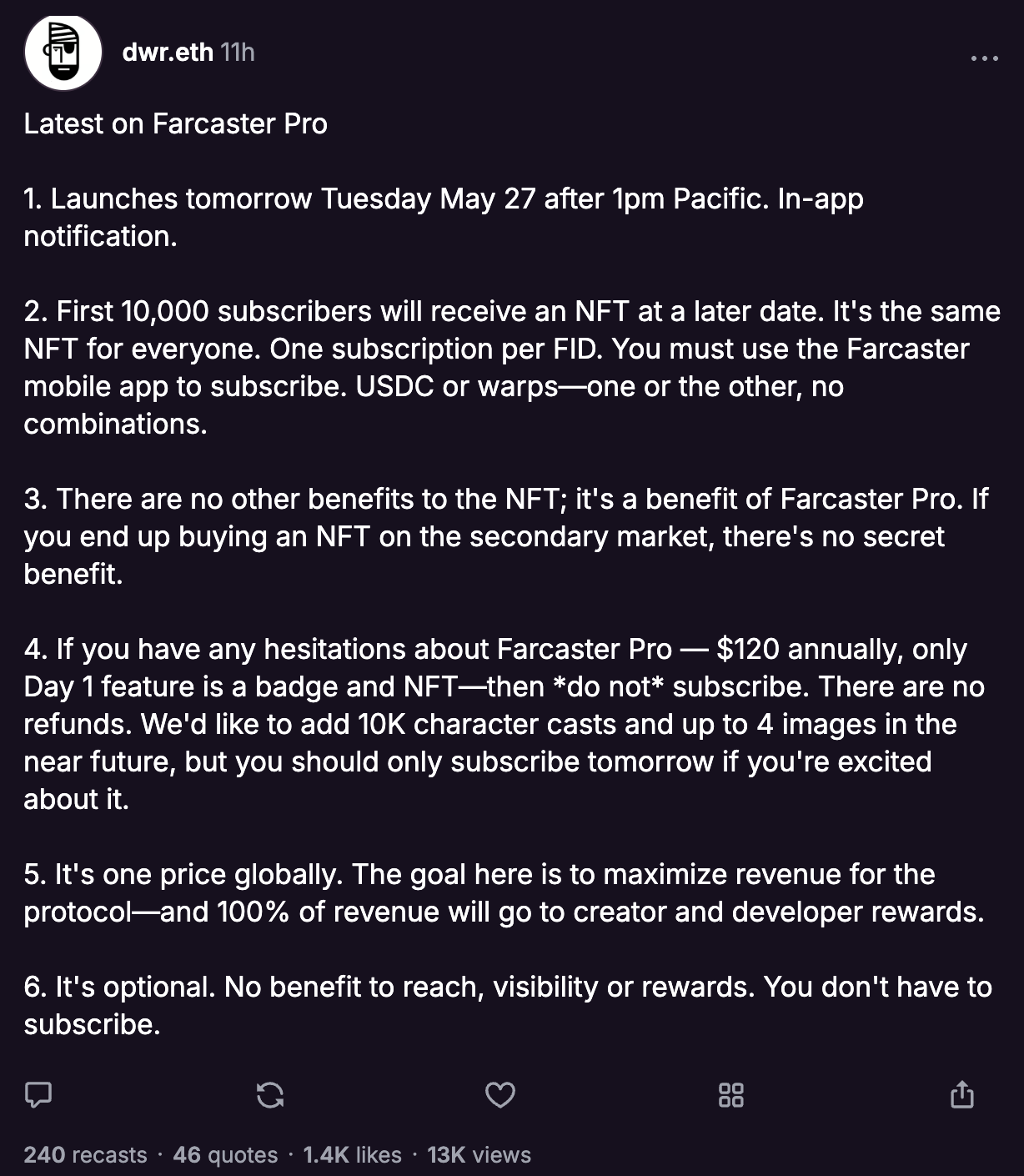 Farcaster要开Pro会员服务了，值得冲吗？